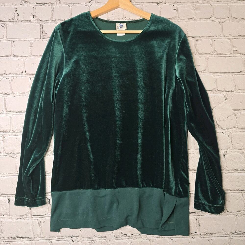 Vintage Sport Savvy Forest Green Velvet Long Sleeve Knit Top Size Large Made USA